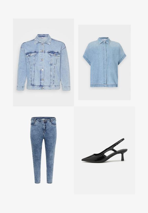 Lichtblauwe denimjas met knoopsluiting aan de voorkant, twee borstzakken en een klassieke kraag. Heeft een verouderde textuur en metalen knopen.; Lichtblauw denim overhemd met korte mouwen, verborgen knopenlijst en klassieke kraag, weergegeven op een witte achtergrond.; Blauwe denim skinny jeans met een hoge taille, vijf zakken en een ritsluiting. De stof heeft een licht vervaagde textuur met contrasterende stiksels.; Zwarte slingback hakken met een spitse neus, gemaakt van glanzend materiaal, met uitsnijdingen en een gematigde hak voor ondersteuning.
