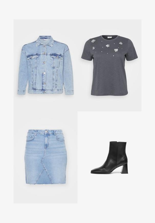 Hellblaues Denim-Jackett mit durchgehender Knopfleiste, zwei Brusttaschen und klassischem Kragen. Mit einem verwaschenen Look und metallischen Knöpfen.; Graues Baumwoll-T-Shirt mit kurzen Ärmeln, verziert mit metallischen Blumenapplikationen und Pailletten, die auf der Vorderseite angeordnet sind. Weiche Textur, lässige Passform.; Jeansrock in hellblau, mit taillierter Passform, ausgefranstem Saum und schrägem Nahtdetail. Vordertaschen mit Metallschnappverschluss.; Schwarzer Leder-Stiefelette mit spitzem Fuß, mittelhohem geometrischem Absatz und glatter Textur. Schlichtes Design ohne sichtbare Beschläge oder Akzente.