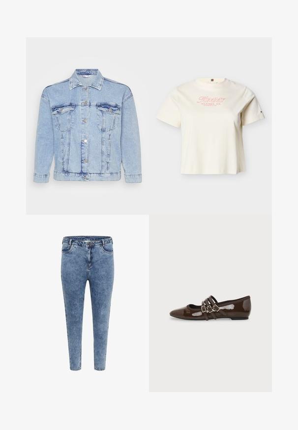 Hellblaues Denim-Jackett mit durchgehender Knopfleiste, zwei Brusttaschen und klassischem Kragen. Mit einem verwaschenen Look und metallischen Knöpfen.; Cremefarbenes kurzärmeliges T-Shirt mit Rundhalsausschnitt, vorne mit "Tommy Hilfiger, Co. Los Angeles, CA USA" in rotem Text und kleinem Logo am linken Ärmel.; Blaue Skinny Jeans aus Denim mit hoher Taille, fünf Taschen und einem Reißverschluss. Der Stoff hat eine leicht ausgewaschene Textur mit kontrastierenden Nähten.; Brauner Lackleder-Flachschuh mit spitzer Zehenpartie und drei verstellbaren Schnallenriemen an der Seite, von der Außenseite gezeigt.