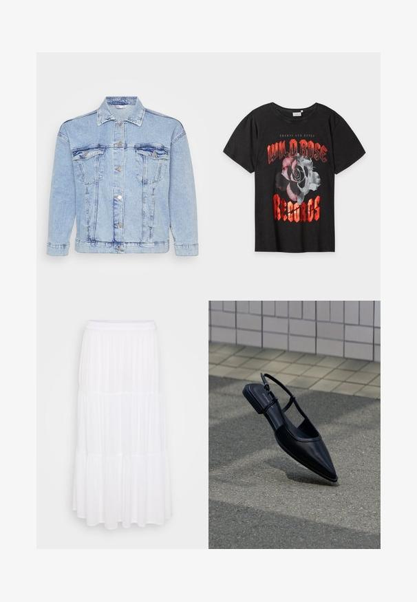 Lyseblå denimjakke med knaplukning foran, to brystlommer og klassisk krave. Har en slidt tekstur og metallisk knapper.; Sort T-shirt med et stort gråtone-rosenmotiv og rød tekst, der læser ""Wild Rose Records"" i fed rock-stil skrifttype.; Hvid lagdelt maxiskørt lavet af letvægtsstof, med elastisk talje og flydende tekstur med subtile samlingsdetaljer.; Sort slingback-flad sko med spids tå, svævende over en asfaltflade ved siden af en flisebelagt fortov.