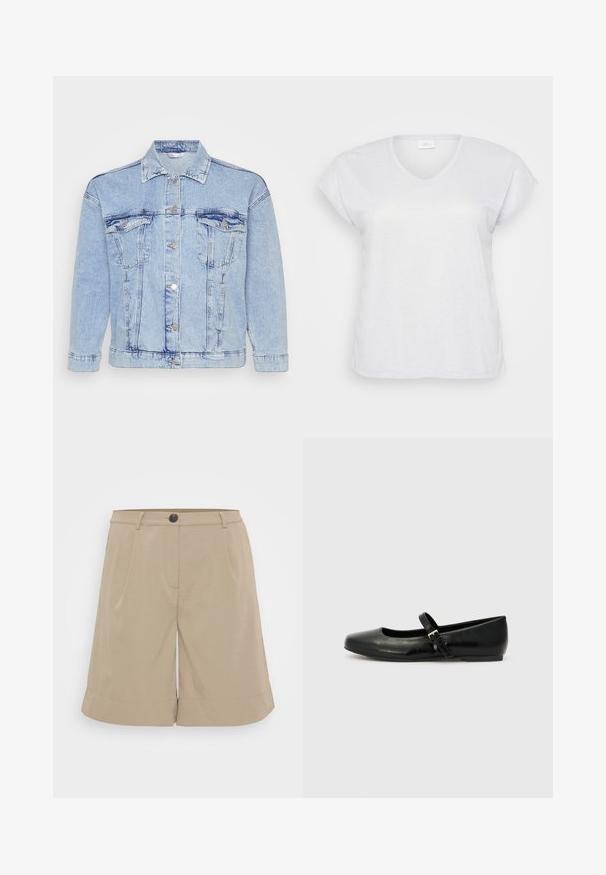 Lichtblauwe denimjas met knoopsluiting aan de voorkant, twee borstzakken en een klassieke kraag. Heeft een verouderde textuur en metalen knopen.; Witte korte mouwen V-hals T-shirt met een subtiele glanstextuur, met een ontspannen pasvorm en zonder zichtbare patronen of accenten.; Khaki shorts gemaakt van lichtgewicht stof, met een vlakke voorkant, plooien, een knoopsluiting en opgerolde zomen. Eenvoudig en zorgvuldig ontwerp.; Zwarte leren balletschoenen met een ronde neus, een platte zool en een dunne verstelbare band over de wreef met een metalen gesp.