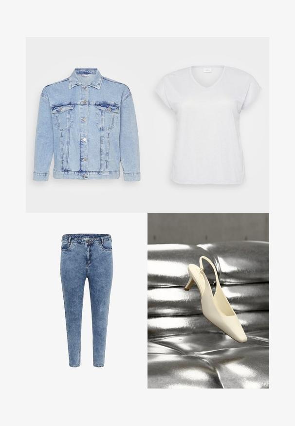 Lichtblauwe denimjas met knoopsluiting aan de voorkant, twee borstzakken en een klassieke kraag. Heeft een verouderde textuur en metalen knopen.; Witte korte mouwen V-hals T-shirt met een subtiele glanstextuur, met een ontspannen pasvorm en zonder zichtbare patronen of accenten.; Blauwe denim skinny jeans met een hoge taille, vijf zakken en een ritsluiting. De stof heeft een licht vervaagde textuur met contrasterende stiksels.; Crèmekleurige slingback kittenheel schoen met een vierkante neus, rustend op een glanzend zilverkleurig gewatteerd lederen oppervlak.