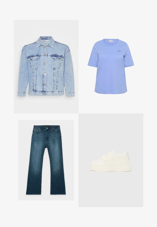 Lichtblauwe denimjas met knoopsluiting aan de voorkant, twee borstzakken en een klassieke kraag. Heeft een verouderde textuur en metalen knopen.; Lichtblauw T-shirt van katoen, met een ronde hals en korte mouwen. Rode "Love" geborduurd op de borst. Klassieke, ontspannen pasvorm.; Blauwe jeans met rechte pijpen, voor- en achterzakken, knoop- en ritssluiting, en subtiele vervaagde details op dijen en knieën.; Witte platform sneaker met dubbele klittenbandsluitingen en zilverkleurige studs op de hiel, zijdelings getoond tegen een effen achtergrond.