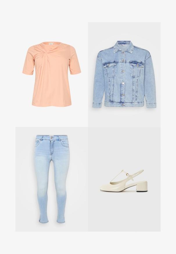 Veste en denim bleu clair avec un devant à boutons, deux poches poitrine et un col classique. Présente une texture vieilli et des boutons métalliques.; T-shirt à manches courtes, couleur pêche clair, avec un détail de design torsadé à l'avant, fabriqué en tissu doux et léger avec un col rond.; Jean skinny bleu clair en denim, doté de cinq poches, d'une fermeture à bouton et à fermeture éclair, légèrement délavé pour un look usé.; Chaussure à talon bloc en cuir verni beige, avec un bout arrondi, un design à T-strap et un accent noir.