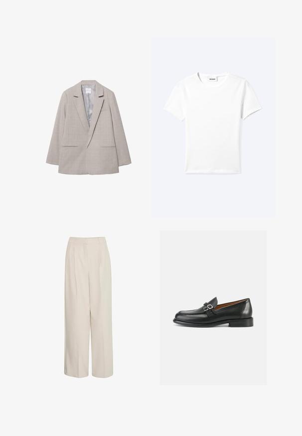 Lysegrå blazer lavet af tekstureret stof, med reverskrave, to forlommer og lukning med en enkelt knap, uforet indre.; Ensfarvet hvid t-shirt med korte ærmer og rund halsudskæring med en lille "WEEKDAY" label indeni halskanten, vist fladt på en lys baggrund.; Højtaljede cremede bukser med brede ben og pressefolder, lavet af glat stof, med et rent design og skræddersyet pasform.; Sorte læderloafer med synligt sømdesign, der har en dobbelt spænde-detalje og en let forhøjet hæl for ekstra højde.