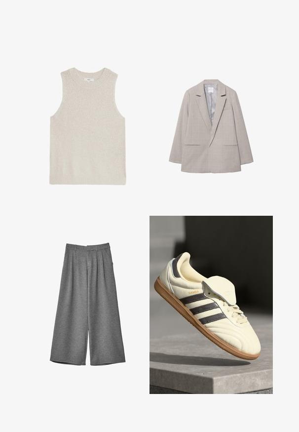 Lysegrå blazer lavet af tekstureret stof, med reverskrave, to forlommer og lukning med en enkelt knap, uforet indre.; Lys beige ærmeløs sweater med ribbet rund hals, tekstureret stof og minimalistisk design; ingen synlige logoer eller mønstre.; Grå brede culottestil bukser med bæltestropper, sidelommer og for-pleats, lavet af et blødt stof.; Cremefarvede lædersneakers med tre mørke striber, en brun gummisål og en afrundet tå. Har en foldbar tunge mærket "SAMBA."
