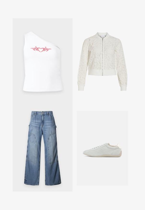Valkoinen pitsinen bomber-takki, jossa kukkakuvio, etuvetoketju, resorit kauluksessa, hihansuissa ja helmassa, pitkät hihat ja kevyt design.; Epäsymmetrinen valkoinen hihaton toppi, jossa on pinkki heimotyyppinen sydämensävy rinnan kohdalla; valmistettu pehmeästä, joustavasta puuvillakankaasta.; Good American GOOD EASE RELAXED - Relaxed fit -farkut - indigo; Vaaleanharmaa mokkanahkainen tennari, jossa matala profiili, nauhakiinnitys ja pehmeä beige kumipohja. Hienovaraiset ompeludetaljit tuovat tekstuuria.