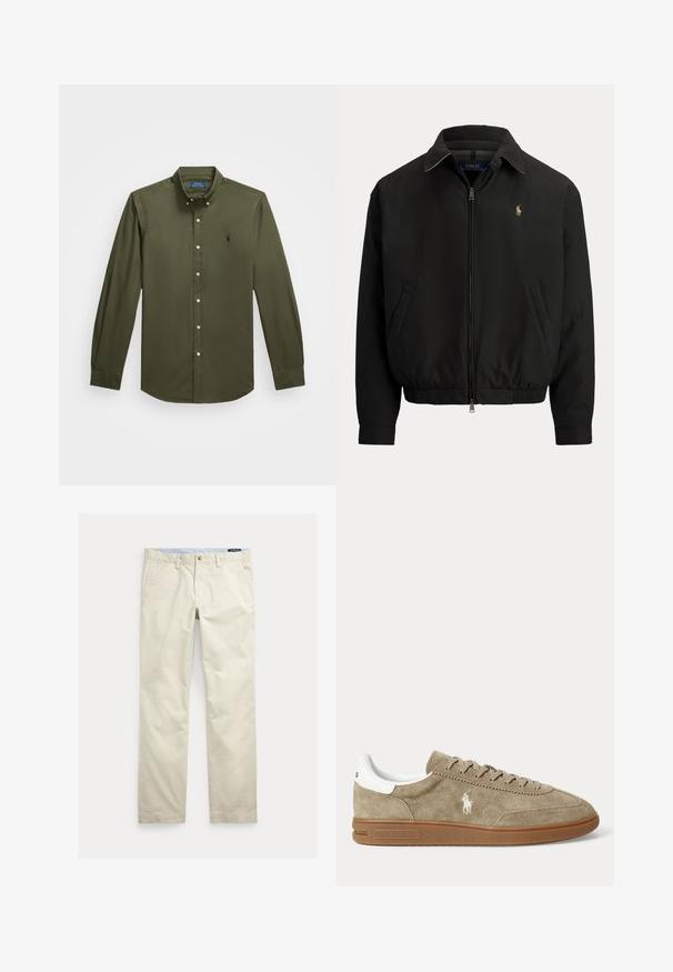 Čierna bunda so zipsom vpredu, golierom, elastickým lemom, bočnými vreckami a malým vyšívaným logom Polo Ralph Lauren na ľavej strane hrude.; Košeľa s dlhými rukávmi a zapínaním na gombíky, vyrobená z olivovo zelenej bavlny. Má malú vyšívanú logo na hrudi, štandardný golier a gombíkové detaily.; Béžové bavlnené nohavice s rovnými nohavicami, opaskové pútká, predné zapínanie na gombík, zips a bočné vrecká.; Nízkoprofilová béžová semišová teniska s hnedou podrážkou, bielym detailom na päte, šnúrkami a bielym vyšívaným logom hráča póla na boku.