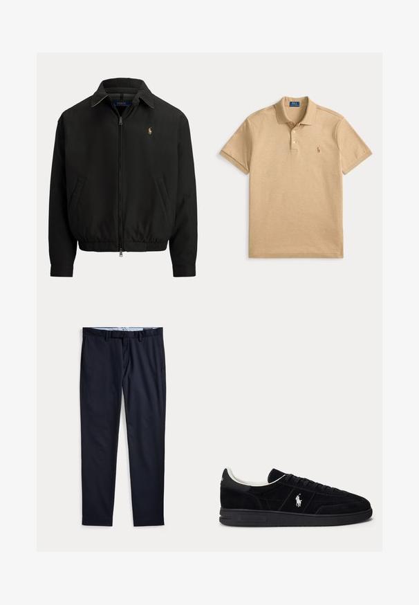 Čierna bunda so zipsom vpredu, golierom, elastickým lemom, bočnými vreckami a malým vyšívaným logom Polo Ralph Lauren na ľavej strane hrude.; Béžové tričko Polo Ralph Lauren s krátkym rukávom, golierom, tromi gombíkmi a malým vyšívaným logom na ľavej strane hrudníka.; Pánske spoločenské nohavice námornícko modrej farby s pútkami na opasok, zipsom a bočnými vreckami, položené na bielom pozadí.; Čierna nízka teniska s čiernymi šnúrkami, bielym vnútorným lemom a bielym logom Polo Ralph Lauren na boku a päte.