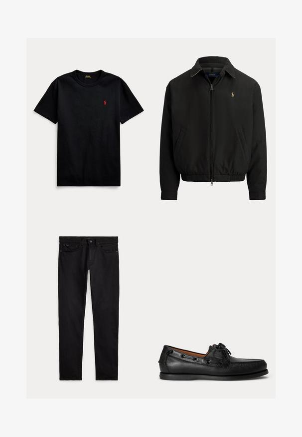 Sort jakke med lynlås foran, krave, elastisk kant, sidelommer og lille broderet Polo Ralph Lauren-logo på venstre bryst.; Sort bomulds t-shirt med korte ærmer, rund halsudskæring, og lille rødt broderet logo på venstre bryst. Glat overflade, afslappet design.; Sorte slim-fit jeans med for- og baglommer, bæltestropper samt knap- og lynlåslukning lagt fladt på en hvid baggrund.; Sort lædermoccasin med snøredetalje og lav gummisål, vist fra siden på ensartet lys baggrund.