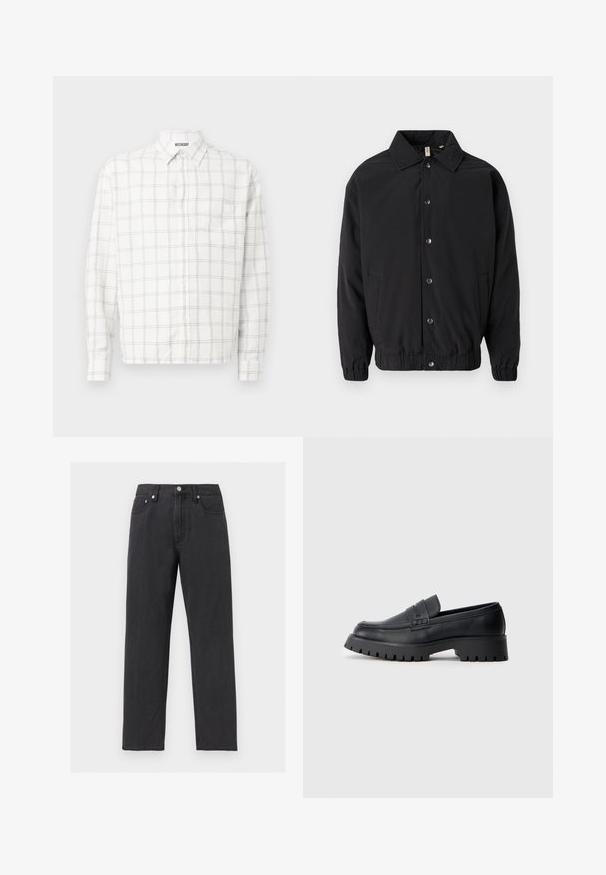 Veste noire avec un col, fermeture à boutons-pression sur le devant, poignets élastiques et poches latérales. Tissu lisse avec un design simple.; Chemise à manches longues en tissu blanc avec un motif à carreaux noirs, dotée d'un col pointu et d'un devant à boutons. Pas de poche visible.; Jean noir à jambes droites avec cinq poches, fermeture par bouton et passants pour ceinture, présenté sur un fond gris clair.; Mocassins en cuir noir avec un bout arrondi, présentant une sangle décorative et une semelle en caoutchouc épaisse avec de profonds crampons pour une meilleure adhérence.