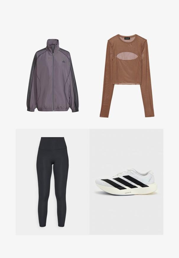 Svetlofialová polyesterová bunda s vysokým golierom, plným zipsom, elastickými manžetami a tromi čiernymi pruhmi na ramenách. Logo Adidas na hrudi.; Hnedý sieťovaný dlhý rukáv cropped top s okrúhlym výstrihom a výrezom na hrudi. Ľahká tkanina s priesvitnou štruktúrou.; adidas Performance ALL ME SCULPT - Legíny - black; Biela bežecká obuv s tromi čiernymi pruhmi na boku, odpružená podrážka označená Lightstrike Pro a šnurovací dizajn.