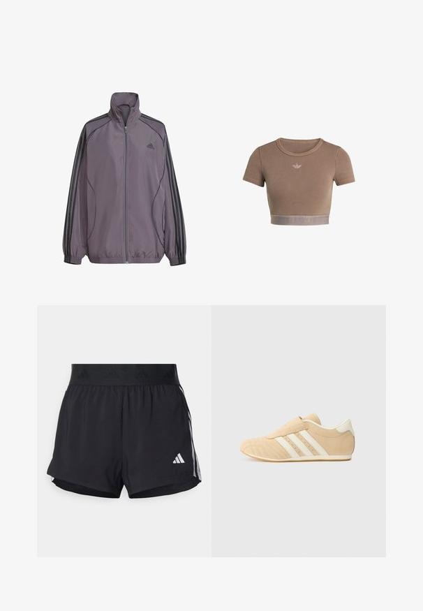 Lyse lilla polyesterjakke med høj krave, fuld lynlås, elastiske manchetter og tre sorte striber på skuldrene. Adidas-logo på brystet.; Brun ribstrikket cropped top med korte ærmer, rund halsudskæring og en tekstureret kant forneden med et diskret logo-mønster.; Sorte sport shorts med elastisk talje, der har et tekstureret bånd, sidestreger og et hvidt Adidas-logo på den nederste kant.; Brune og creme atletiksko med overdel i glat læder, tre hvide striber på siden og en rund tå. Tekstureret overdel med perforeringer.