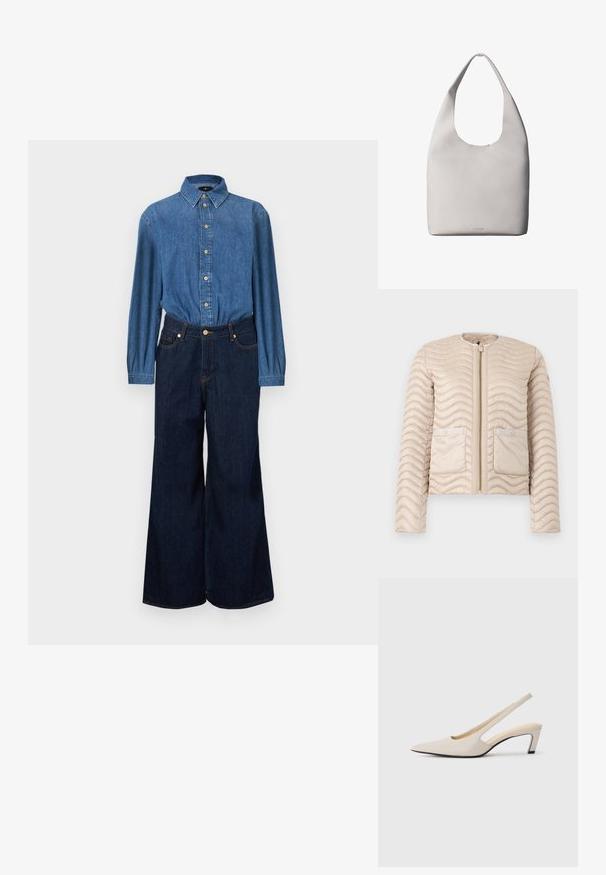 Beige quiltet jakke med bølgemønster, rund krave, lynlås foran og to klaplommer med trykknapper.; Denimskjorte med knaplukning foran, blåt stof og lange ærmer, kombineret med mørkeblå jeans med høj talje og vide ben. Kontrastsyninger er synlige.; Beige slingback-hæle med spids tå, åbne sider og lille blokhæl. Glat læderstruktur og minimalistisk design.; Hvid lædertaske med ét skulderrem, blød tekstur og diskret Calvin Klein-logo nær bunden i midten.