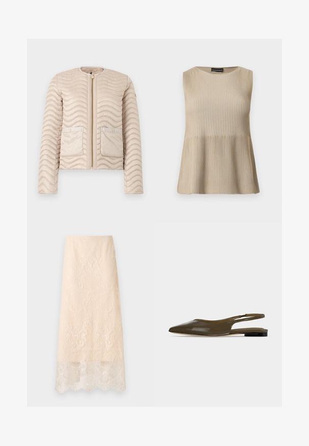 Veste matelassée beige avec surpiqûres ondulées, col rond, fermeture éclair devant et deux poches à rabat avec boutons-pression.; Haut beige sans manches en maille côtelée avec encolure ronde et ourlet évasé, présenté sur un fond blanc.; Jupe midi couleur crème avec une superposition en dentelle florale complexe et un ourlet festonné, présentée à plat sur un fond blanc.; Chaussure plate à bout pointu vert olive avec bride arrière, talon noir bas et finition lisse et brillante.