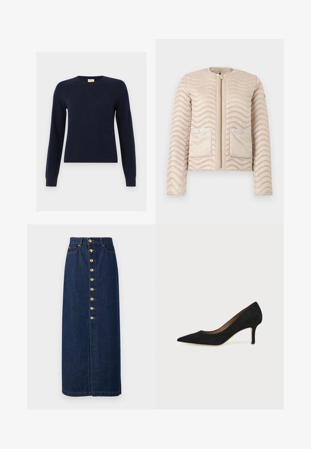 Veste matelassée beige avec surpiqûres ondulées, col rond, fermeture éclair devant et deux poches à rabat avec boutons-pression.; Pull à col rond bleu marine à manches longues avec poignets et ourlet côtelés, présenté à plat sur un fond blanc.; Jupe midi en denim bleu foncé à coupe droite, dotée d'une fermeture boutonnée à l'avant avec des boutons dorés au centre.; Escarpin en daim noir à bout pointu avec un talon stiletto fin de hauteur moyenne et un design à coupe basse sur un fond uni.