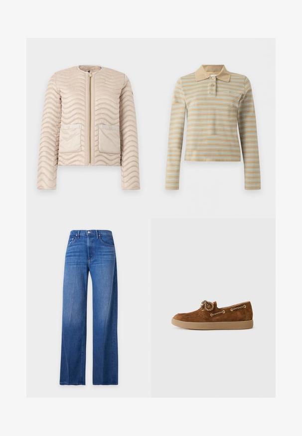 Beige gewatteerd jack met golfsteek, ronde kraag, ritssluiting aan de voorkant en twee klepzakken met drukknopen.; Beige poloshirt met lange mouwen, witte horizontale strepen en twee knopen op de kraag.; High waist blauwe spijkerbroek met wijde pijpen, voorste knoop- en ritssluiting en vijfzakkenstijl, vooraan gezien op een witte achtergrond.; Bruine suède loafer met een ronde neus, contrasterende tan rubberen zool en decoratieve goudkleurige touwveters aan de zijkant.