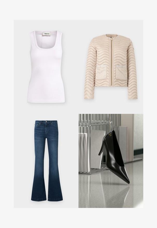 Veste matelassée beige avec surpiqûres ondulées, col rond, fermeture éclair devant et deux poches à rabat avec boutons-pression.; Débardeur blanc côtelé sans manches avec encolure arrondie et étiquette Modström à l'intérieur du col, présenté sur un fond uni.; Jean en denim bleu foncé avec jambes évasées, cinq poches, et une fermeture à bouton et zip à la taille.; Chaussure noire à talon haut avec bout pointu et logo doré, posée sur une surface réfléchissante près d'un organiseur de dossiers en fil chromé contenant des documents.