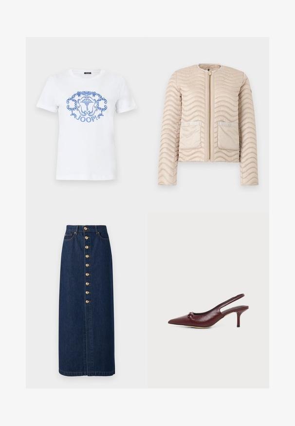 Veste matelassée beige avec surpiqûres ondulées, col rond, fermeture éclair devant et deux poches à rabat avec boutons-pression.; T-shirt blanc à manches courtes avec un emblème floral orné bleu et le mot « JOOP ! » imprimé au centre à l'avant.; Jupe midi en denim bleu foncé à coupe droite, dotée d'une fermeture boutonnée à l'avant avec des boutons dorés au centre.; Escarpin slingback en cuir bordeaux à talon kitten, bout pointu et petit nœud sur le dessus, présenté sur fond blanc.