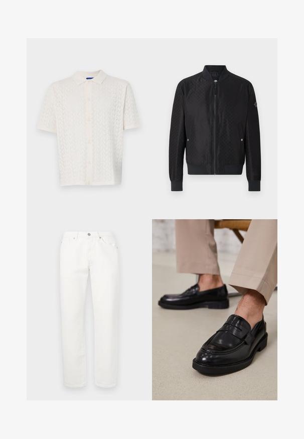 JOOP! ADAMS - Bombera - black; Polo tričko s krátkymi rukávmi v off-white farbe, s textúrovaným vzorom, zapínaním na gombíky vpredu a klasickým golierom.; Biele džíny so striha s rovnými nohavicami. Obsahujú tradičné usporiadanie piatich vreciek, kovové zapínanie na gombík a jemnú textúru.; Čierne kožené poltopánky s hladkým povrchom, so zdobným remienkom a kontrastným prešívaním, skombinované s béžovými nohavicami.