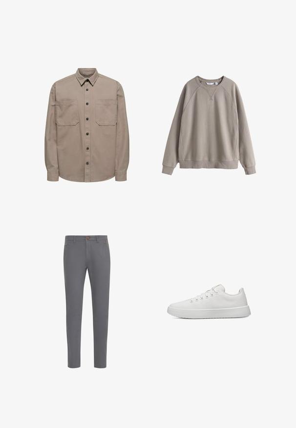 Längeres Langarmshirt aus Baumwollmischung mit durchgehender Knopfleiste, spitzem Kragen und zwei Brusttaschen mit Klappverschluss.; Beigefarbener Sweatshirt mit Rundhalsausschnitt, langen Ärmeln, gerippten Bündchen und Saum sowie dezenten Nahtdetails an Schultern und Brust.; Graue Baumwollhosen mit einer taillierten Passform, ausgestattet mit einem Knopfverschluss, normalen Taschen und einer glatten Textur.; Weißer niedriger Canvas-Sneaker mit weißen Schnürsenkeln und dicker strukturierter Sohle, im Profil auf weißem Hintergrund dargestellt.