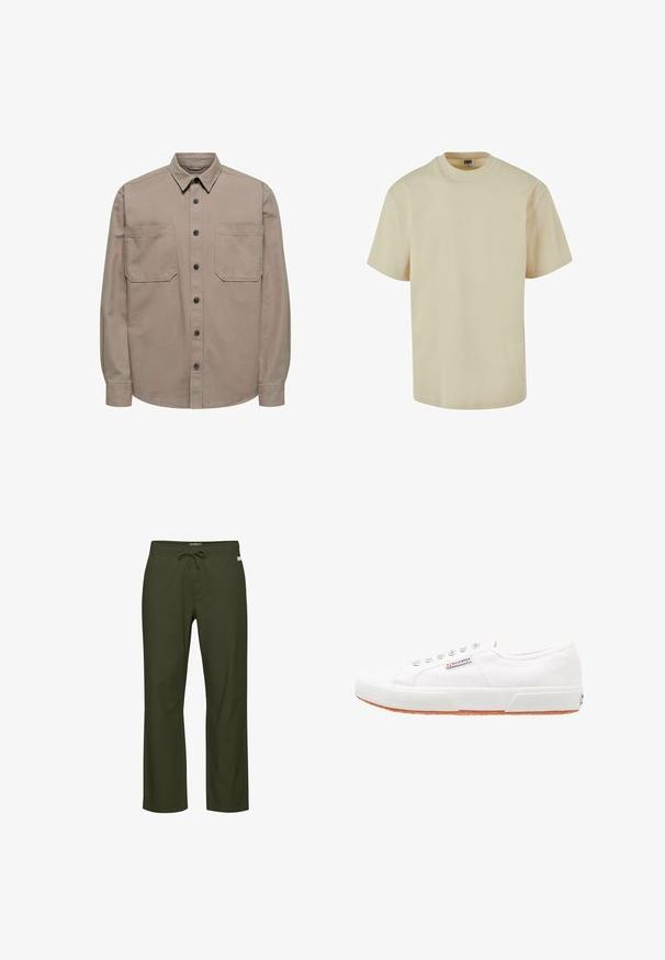 Tan langærmet skjorte i bomuldsblanding med knaplukning foran, spids krave og to brystlommer med klaplukning.; Beige bomulds t-shirt med klassisk rund hals og korte ærmer. Glat tekstur, lige snit og ingen synlige mønstre eller detaljer.; Olivegrønne bukser med snor i taljen, lige ben, blød stoftekstur og en diskret logotag foran.; Hvide kanvas sneakers med gummisål, snørebåndsdesign og et lille logo mærke på siden. Tekstureret hvid overdel og brun ydersål.