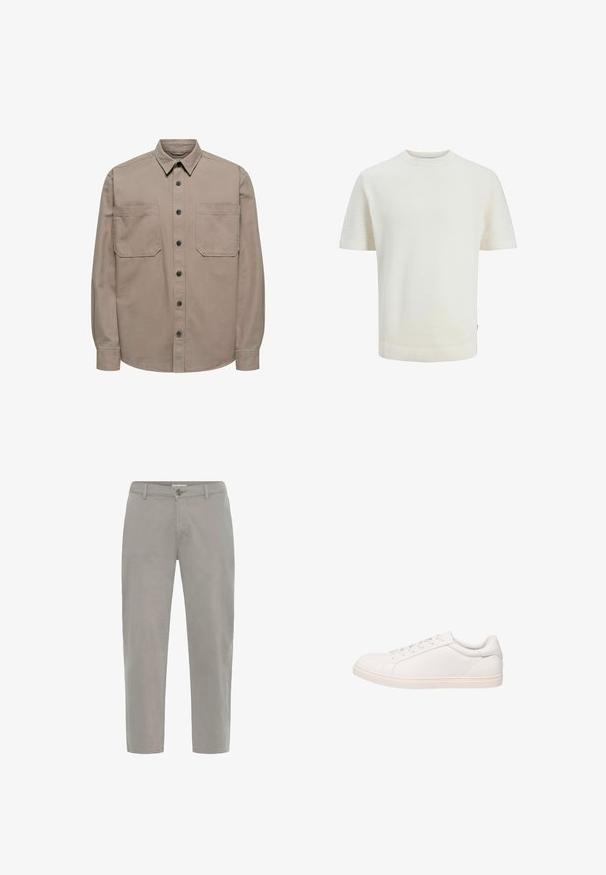 Chemise à manches longues en mélange de coton, dotée d'une patte de boutonnage à l'avant, d'un col pointu et de deux poches poitrine à rabat.; Pull en maille ivoire à manches courtes avec col rond et motif texturé subtil, présenté sur un fond blanc uni.; Pantalon décontracté gris clair avec passants de ceinture, fermeture avant à boutons et jambes droites, présenté sur un fond blanc.; Baskets basses blanches avec fermeture à lacets et semelle plate, montrées en profil latéral sur fond blanc.