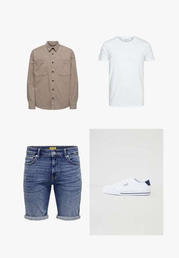 Längeres Langarmshirt aus Baumwollmischung mit durchgehender Knopfleiste, spitzem Kragen und zwei Brusttaschen mit Klappverschluss.; Rundhals-T-Shirt mit kurzen Ärmeln in reinem Weiß, aus weicher Baumwolle, mit einem schlichten Design ohne sichtbare Muster oder Akzente.; Blaue Jeansshorts in mittlerem Blau. Verfügt über ein klassisches Fünf-Taschen-Design, aufgeschlagene Säume und dezente Ausbleichungen auf dem Stoff. Metallbeschläge inklusive.; Weiße Canvas-Sneaker mit navyblauem Fersenakzent, flacher Gummisohle, runder Zehenpartie und weißen Schnürsenkeln. Mit Logo an der Seite.