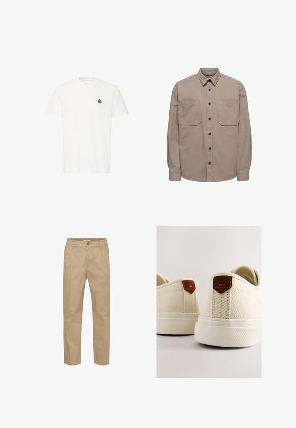 Tan langærmet skjorte i bomuldsblanding med knaplukning foran, spids krave og to brystlommer med klaplukning.; Hvid kortærmet T-shirt lavet af bomuld, med et lille sort geometrisk logo på venstre bryst. Lige snit og rund halsudskæring.; Beige, letvægts bukser lavet af bomuld, med knaplukning, to for-pokker og en skræddersyet pasform med lige ben.; Lærreds-sneakers i creme med en struktureret finish, der har brune læderdetaljer ved hælen og en ydersål af gummi.