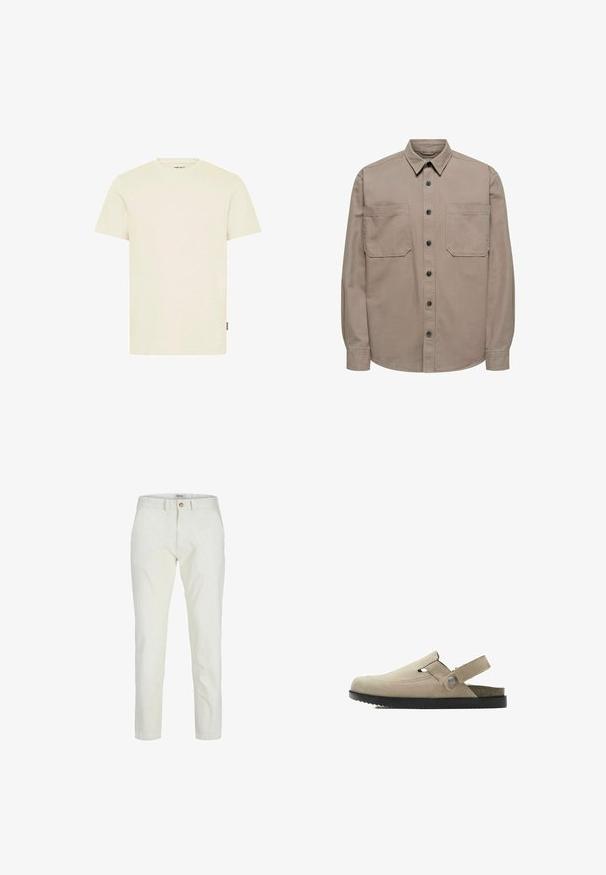 Chemise à manches longues en mélange de coton, dotée d'une patte de boutonnage à l'avant, d'un col pointu et de deux poches poitrine à rabat.; T-shirt à manches courtes et col rond en beige clair, tissu texturé avec un petit logo sur la poitrine et une étiquette sur le côté.; Pantalon en coton blanc à coupe droite, avec une fermeture à boutons sur le devant et un style minimaliste. Texture lisse sans motifs visibles.; Sandale beige en daim à enfiler avec semelle noire, bride arrière réglable avec bouton et bout fermé sur fond blanc.