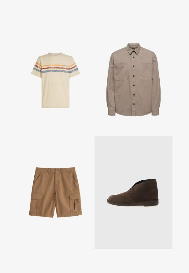 Längeres Langarmshirt aus Baumwollmischung mit durchgehender Knopfleiste, spitzem Kragen und zwei Brusttaschen mit Klappverschluss.; Cremfarbendes Baumwoll-T-Shirt mit horizontalen Streifen in Orange, Rot und Blau. Kurzärmlig, mit rundem Ausschnitt und kleinem Logodetail auf der Brust.; Braune Baumwoll-Cargoshorts mit Knopfverschluss, Gürtelschlaufen, Seitentaschen und Klappentaschen an jedem Bein.; Brauner Ankle-Boot aus Wildleder mit zwei Ösen, niedrigem Absatz und genähter Sohle vor einfachem hellgrauem Hintergrund.