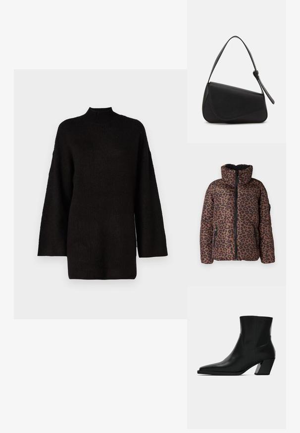 Braun- und schwarz gefleckte Pufferjacke mit hohem Kragen, Frontreißverschluss, seitlichen Reißverschlusstaschen und Reißverschlusstasche am linken Ärmel.; Schwarzer oversized Strickpullover mit hohem Stehkragen und langen Ärmeln, der mit einem strukturierten Stoff für zusätzlichen visuellen Reiz ausgestattet ist.; Schwarze Leder-Stiefelette mit spitzem Zeh, schlanker Silhouette und klobigem quadratischem Absatz. Glatte Textur mit minimalen Nähdetails.; Schwarze Lederhandtasche mit dreieckiger Form, schrägem Klappdeckel und rundem Oberhandgriff. Verfügt über eine glatte Textur und minimalistische Designdetails.