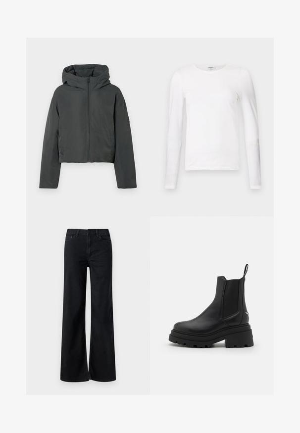 Mørkegrå cropped pufferjakke med hætte, frontlynlås og lange ærmer, vist på en hvid baggrund.; Hvid langærmet t-shirt lavet af blødt bomuld, med en rund halsudskæring og en slim fit design med rene sømme og uden synlige mønstre.; Sorte bukser med brede ben lavet af denim. Har et klassisk fem-lomme design, lynlåsåbning og subtile stikningsdetaljer. Glat overflade.; Sorte chelsea støvler lavet af glat læder med elastiske sidepaneler, en tyk, rillede gummisål og en pull-tab bagpå.