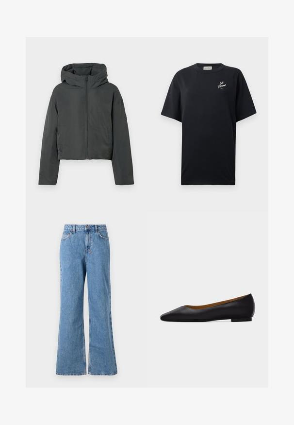 Mørkegrå cropped pufferjakke med hætte, frontlynlås og lange ærmer, vist på en hvid baggrund.; Sort kortærmet t-shirt lavet af bomuld. Har et hvidt logo på venstre brystområde. Rund hals og løs pasform. Ensartet tekstur.; Lyseblå denim wide-leg jeans med høj talje, der har en knap- og lynlåslukning, forlommer og en slidt tekstur.; Sort læder flad sko med spids tå, lav hæl og glat finish, vist fra siden på en lysegrå baggrund.