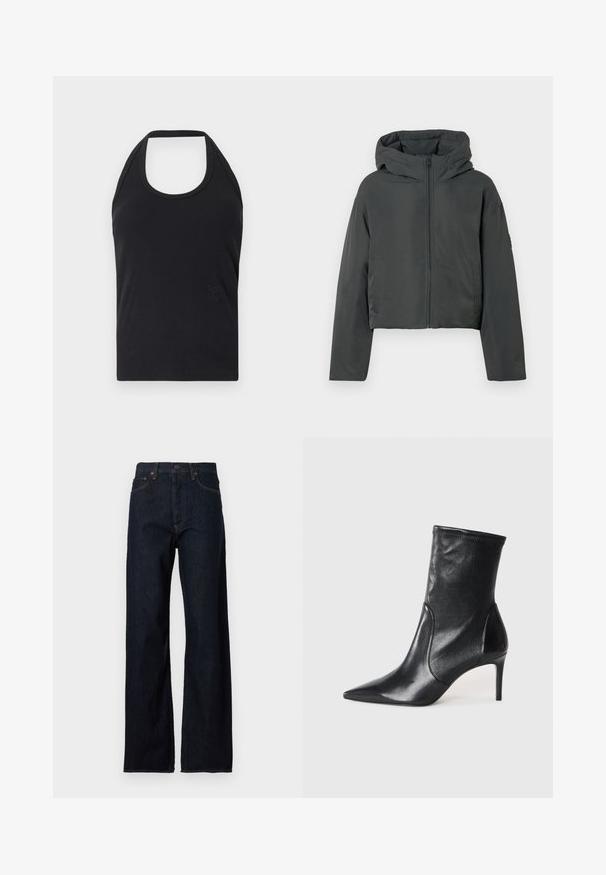 Tmavošedá skrátená puffer bunda s kapucňou, predným zipsom a dlhými rukávmi, vystavená na bielom pozadí.; CLOSED NECK HOLDER - Top - black; Tmavomodré riflové nohavice s vysokým pásom, rovný strih nohavíc, štýl s piatimi vreckami a kontrastným prešívaním na švoch.; Čierne kotníkové topánky vyrobené z hladkej kože, s špicatou špičkou, priliehavým zvrškom aúzkym vysokým podpätkom. Minimalistický dizajn bez viditeľného kovania.