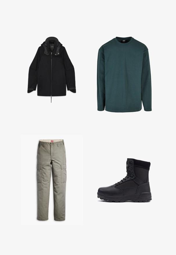Zwarte wolmix jas met een ritssluiting, oversized kraag en satijnen gevoerde capuchon. Beschikt over klepzakken en contrasterende stofaccenten.; Langsleeve T-shirt in donker teal, gemaakt van zachte katoen, met een ronde halslijn en een losse pasvorm zonder zichtbare patronen of accenten.; Olijfgroene cargobroek, gemaakt van een duurzame katoenmix, met zijzakken, een rechte pijp en een knoopsluiting.; Zwarte tactical boot met een gladlederen bovenkant en stofpanelen, hoge enkelontwerp, vetersluiting aan de voorkant en robuuste rubberen zool.