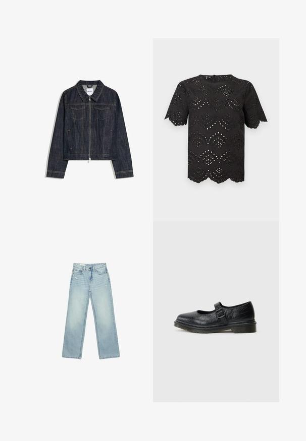 Mørkeblå denimjakke med lynlås foran, to brystlommer med klapper og lodrette slidser, med kontrastsyning og klassisk krave.; Sort bluse med korte ærmer med blomsterprint i hulmønster, bølgede kanter på ærmer og kant samt en rund halsudskæring.; Lyseblå højtaljede brede jeans med let slid på forlommer og lår, knaplukning og design med fem lommer.; Sorte Mary Jane sko med krokodillemønster, rund tå, flad sål og en side spænde. Materialet ser glat og blankt ud.