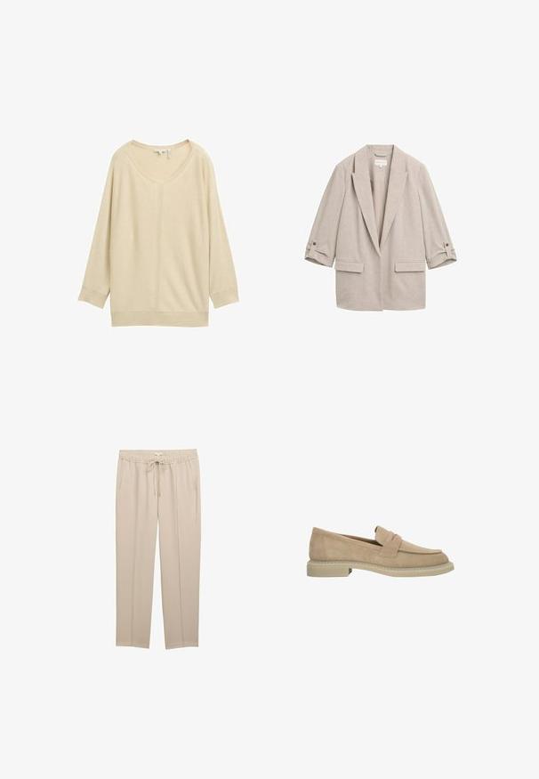 TOM TAILOR Manteau court - taupe/black structure; Haut beige à manches longues avec un large col arrondi et des épaules tombantes. Confectionné dans un matériau doux, présentant une texture subtile et des poignets côtelés.; Pantalons beiges avec une taille à cordon, deux poches latérales et un tissu lisse et léger, dotés d'une coupe droite.; Mocassin en daim beige avec talon bas, bout arrondi et détail de bride sur le dessus, vu de profil sur fond blanc.