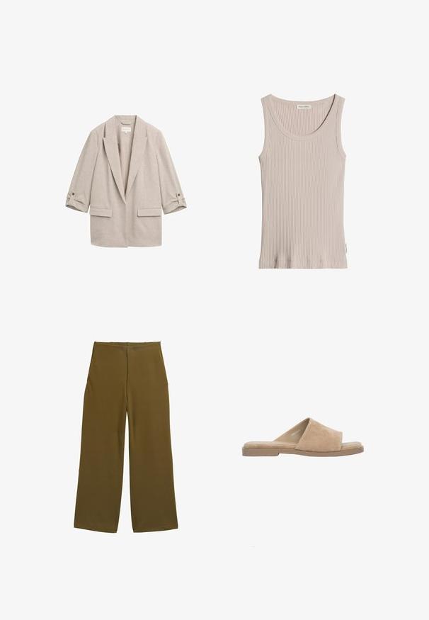 TOM TAILOR Kurzmantel - taupe/black structure; Beige geripptes ärmelloses Tanktop mit rundem Ausschnitt, sichtbarem Markenlabel innen am Kragen und kleinem Seitenschild auf einfarbig weißem Hintergrund.; Weite Hosen aus olivgrünem Stoff mit glatter Textur und ohne sichtbare Verschlüsse. Entworfen für eine lockere Passform mit klaren Linien.; Beige Wildleder offene Zehen flache Pantoffel mit breitem Riemen und gepolsterter Innensohle, auf weißem Hintergrund dargestellt.