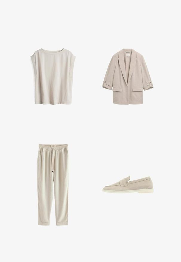 TOM TAILOR Halflange jas - taupe/black structure; Korte mouw licht beige top, gemaakt van zachte stof, met een wijd uitsnijdende halslijn en verlaagde schoudernaden, met een relaxte pasvorm en een minimalistisch design.; Licht beige joggerbroek met middelhoge taille, gemaakt van zachte stof. Voorzien van een elastische tailleband met aantrekkoord, zijzakken en omgeslagen boorden.; Lichtbeige suède instapper met een lage witte zool, ronde neus en een gestikt bandje over de bovenkant.