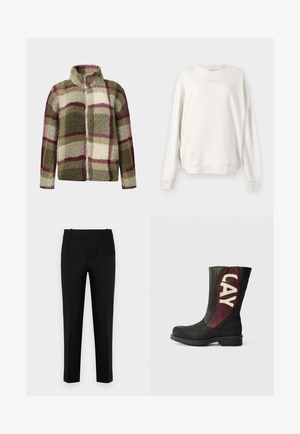 Veste en polaire avec un col haut, présentant un motif à carreaux en vert, crème et bordeaux. Fermeture éclair intégrale et surface texturée.; Sweat-shirt beige clair avec un col rond, des poignets et un ourlet côtelés. Présente un logo "REPLAY" brodé sur la poitrine. Texture de tissu douce.; Pantalons noirs à coupe slim, avec un devant plat, des poches latérales et une texture lisse. Conçus avec une taille mi-haute et des jambes fuselées.; Bottine en cuir noir avec un panneau en cuir bordeaux portant "LAY" en blanc. Bout carré et talon de hauteur moyenne avec de subtils détails de couture.