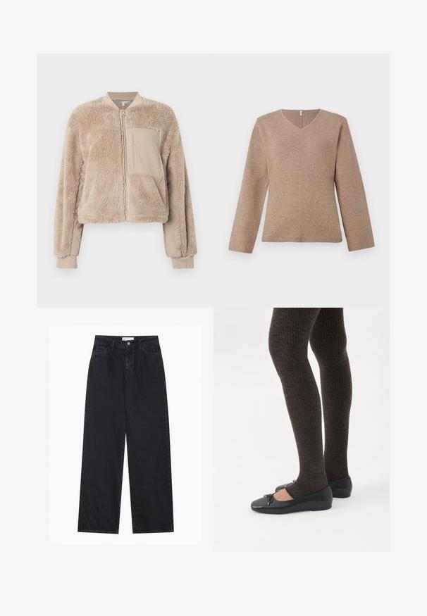 Beige Bomberjacke mit weicher, flauschiger Oberfläche am Körper und glattem Stoff an den Ärmeln. Mit einer Taschen vorne und gerippten Bündchen.; V-Ausschnitt Pullover aus hellbraunem Strickstoff, mit langen Ärmeln und einer mittigen Nahtdetails für eine lockere Passform. Glatte Textur, minimalistisches Design.; Schwarze hoch geschnittene, weit geschnittene Jeans aus Denim mit Vorderknopf- und Reißverschluss, Gürtelschlaufen und fünf Taschen.; Beine in dunklen, gerippten Leggings kombiniert mit schwarzen Ballerinas mit kleinen Schleifendetails auf weißem Hintergrund.