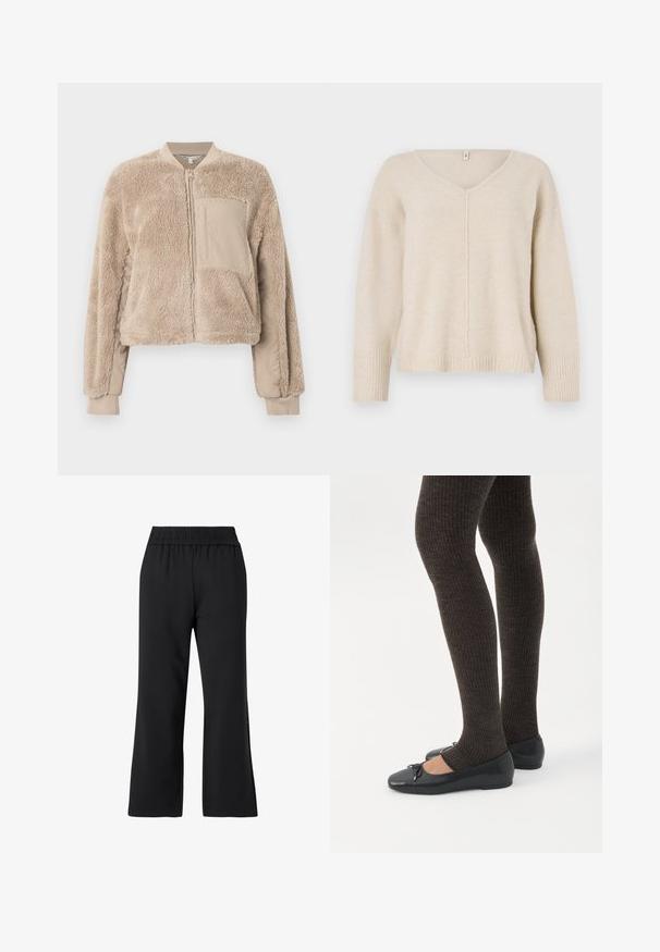 Beige Bomberjacke mit weicher, flauschiger Oberfläche am Körper und glattem Stoff an den Ärmeln. Mit einer Taschen vorne und gerippten Bündchen.; Beiger Strickpullover mit V-Ausschnitt, gerippten Bündchen und Saum. Verfügt über ein zentrales Nahtdesign und eine lockere Passform. Weiches, strukturiertes Material.; Schwarze Sporthose im weiten Bein-Design. Hergestellt aus weichem Material, mit einem elastischen Bund und ohne sichtbare Hardware oder Muster.; Beine in dunklen, gerippten Leggings kombiniert mit schwarzen Ballerinas mit kleinen Schleifendetails auf weißem Hintergrund.