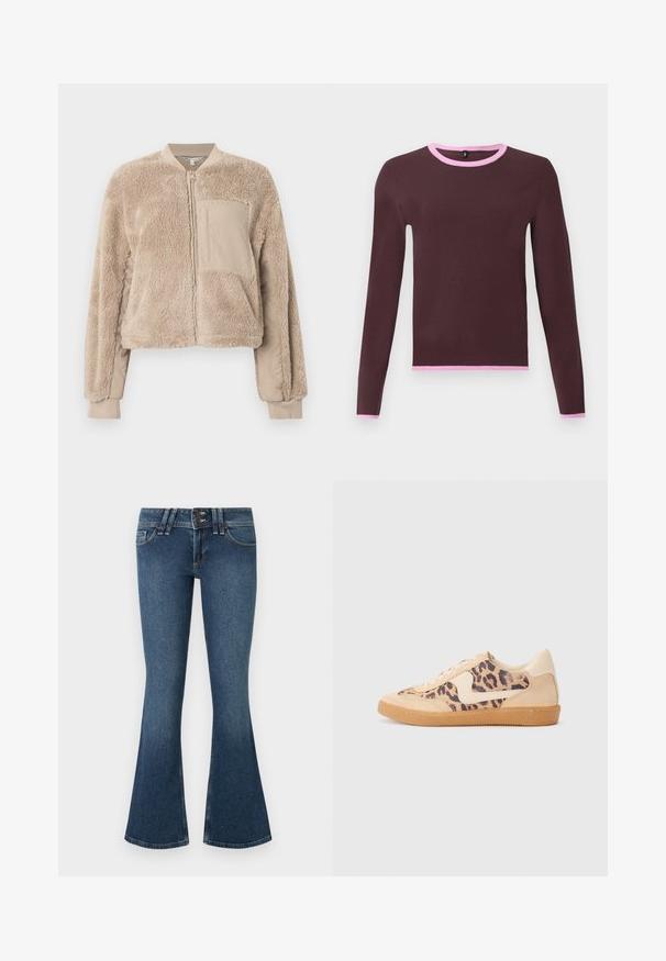 Veste aviateur beige avec une texture douce et duveteuse sur le corps et un tissu lisse sur les manches. Comprend une poche avant et des poignets côtelés.; Pull à manches longues marron foncé avec bordure rose clair au niveau de l'encolure ronde, des poignets et de l'ourlet, sur un fond clair uni.; Jean évasé en denim bleu à taille haute, avec fermeture à deux boutons, cinq poches et surpiqûres contrastantes le long des coutures.; Baskets en imprimé léopard avec tige en suède beige, semelle en caoutchouc tan et accents blancs. Bout rond et design à lacets avec une finition texturée.