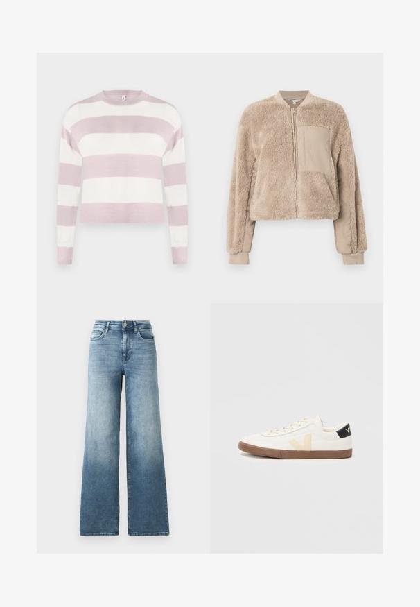 Veste aviateur beige avec une texture douce et duveteuse sur le corps et un tissu lisse sur les manches. Comprend une poche avant et des poignets côtelés.; Pull en maille rayé rose clair et blanc, à manches longues, col rond et poignets côtelés, avec un design court et une texture lisse.; Jean en denim à jambes larges dans un délavage bleu clair, avec une taille haute, un design à cinq poches et un léger dégradé sur le tissu. Fermeture classique à bouton en métal.; Baskets blanches en matériau synthétique lisse, dotées d'un logo V beige, d'une semelle en caoutchouc brun clair et d'accents noirs au talon.