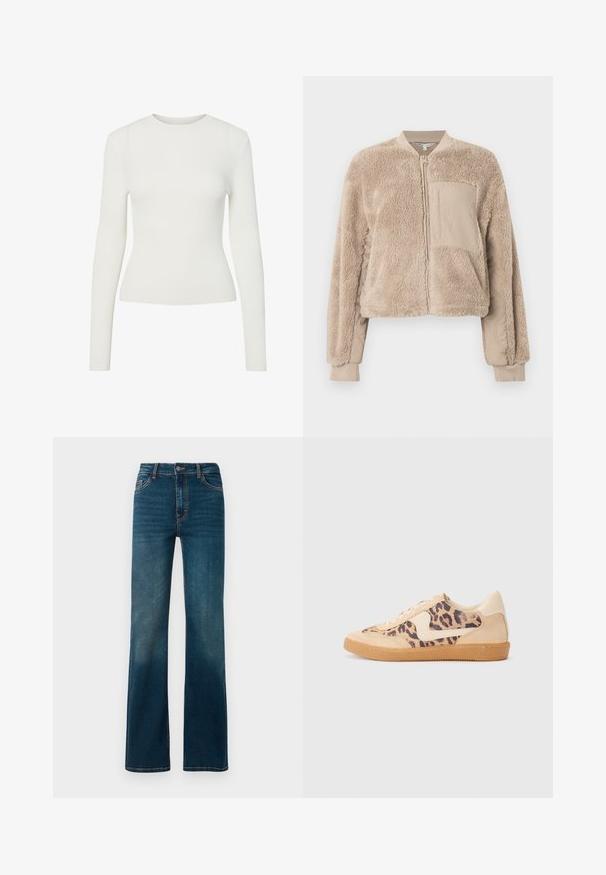 Chaqueta bomber beige con una textura suave y esponjosa en el cuerpo y tela lisa en las mangas. Cuenta con un bolsillo delantero y puños acanalados.; Camiseta de manga larga blanca de canalé con cuello redondo, forma ajustada y textura suave. Diseño minimalista, sin patrones ni embellishments visibles.; Jeans de color azul oscuro, de cintura alta y corte recto. Hechos de denim, con costuras en contraste y un diseño clásico de cinco bolsillos.; Zapatillas de leopardo con parte superior de ante beige, suela de goma marrón y acentos blancos. Punta redonda y diseño con cordones con un acabado texturado.