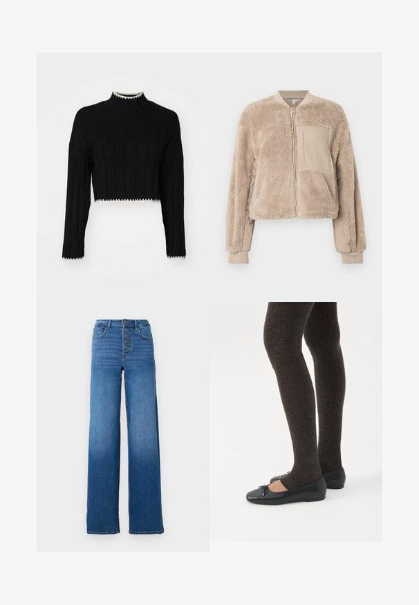 Beige bomberjack met een zachte, pluizige textuur op het lichaam en gladde stof op de mouwen. Voorzien van een voorvak en geribbelde manchetten.; Zwart cropped sweater met ribbelstructuur, hoge hals, lange mouwen en contrasterende witte rand langs de zoom en manchetten.; Brede blauwe denim jeans met een hoge taille en vijf knopen. Kenmerkt zich door klassieke stiksels en een nette zoom.; Benen met donkere geribbelde leggings gecombineerd met zwarte ballerina's met kleine strikdetails op een witte achtergrond.