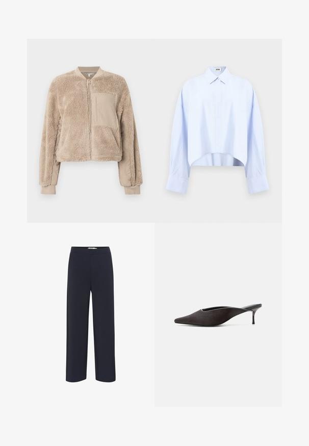 Beige bomberjakke med blød, fluffy tekstur på kroppen og glat stof på ærmerne. Har en forlommer og ribstrikkede manchetter.; Lyseblå langærmet cropped skjorte med klassisk krave, skjult knaplukning og sænkede skuldre mod en ensfarvet baggrund.; Marineblå bredbenede bukser lavet af blødt stof med elastisk talje og uden synlige lommer eller udsmykninger.; Sort mule-sko med spids tå, lav stilet-hæl og glat finish, vist fra siden på en hvid baggrund.