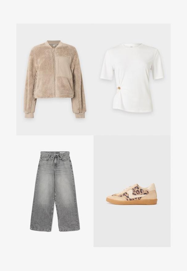 Beige bomberjakke med blød, fluffy tekstur på kroppen og glat stof på ærmerne. Har en forlommer og ribstrikkede manchetter.; Hvid T-shirt lavet af blødt stof, med korte ærmer og et snoet design ved taljen med en guldfarvet rund detalje.; Bredde ben grå denim jeans med en falmet finish, snoreliv og traditionelt fem-lomme design, der har synlige syninger.; Leopardprint sneakers med beige ruskindsoverdel, tan gummisål og hvide detaljer. Rund pegefinger og snørebåndsdesign med en tekstureret finish.