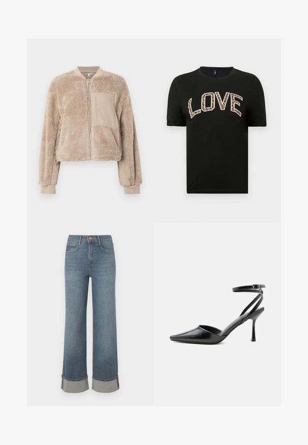 Beige bomberjack met een zachte, pluizige textuur op het lichaam en gladde stof op de mouwen. Voorzien van een voorvak en geribbelde manchetten.; Zwart T-shirt met korte mouwen en een ronde hals, met het woord "LOVE" in witte letters en leopardprint.; Wijdvallende blauwe denim jeans hebben een hoge taille, opgerolde hems met grijze accenten, een vijf-pocket ontwerp en een knoopsluiting aan de voorkant.; Zwarte pumps met puntige neus, dunne enkelbandjes en een zilveren gesp op een effen lichte achtergrond.